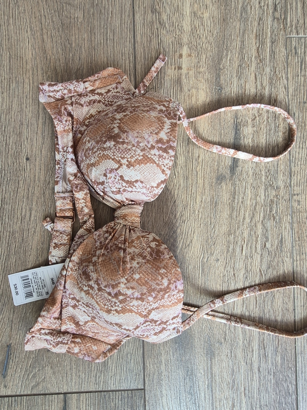 NWT Women’s Push-Up Bra Bikini Top 36B  in Peach Snake Print